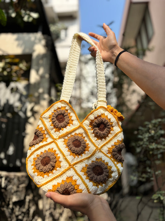 Crochet Tote Bag | White with Yellow Border