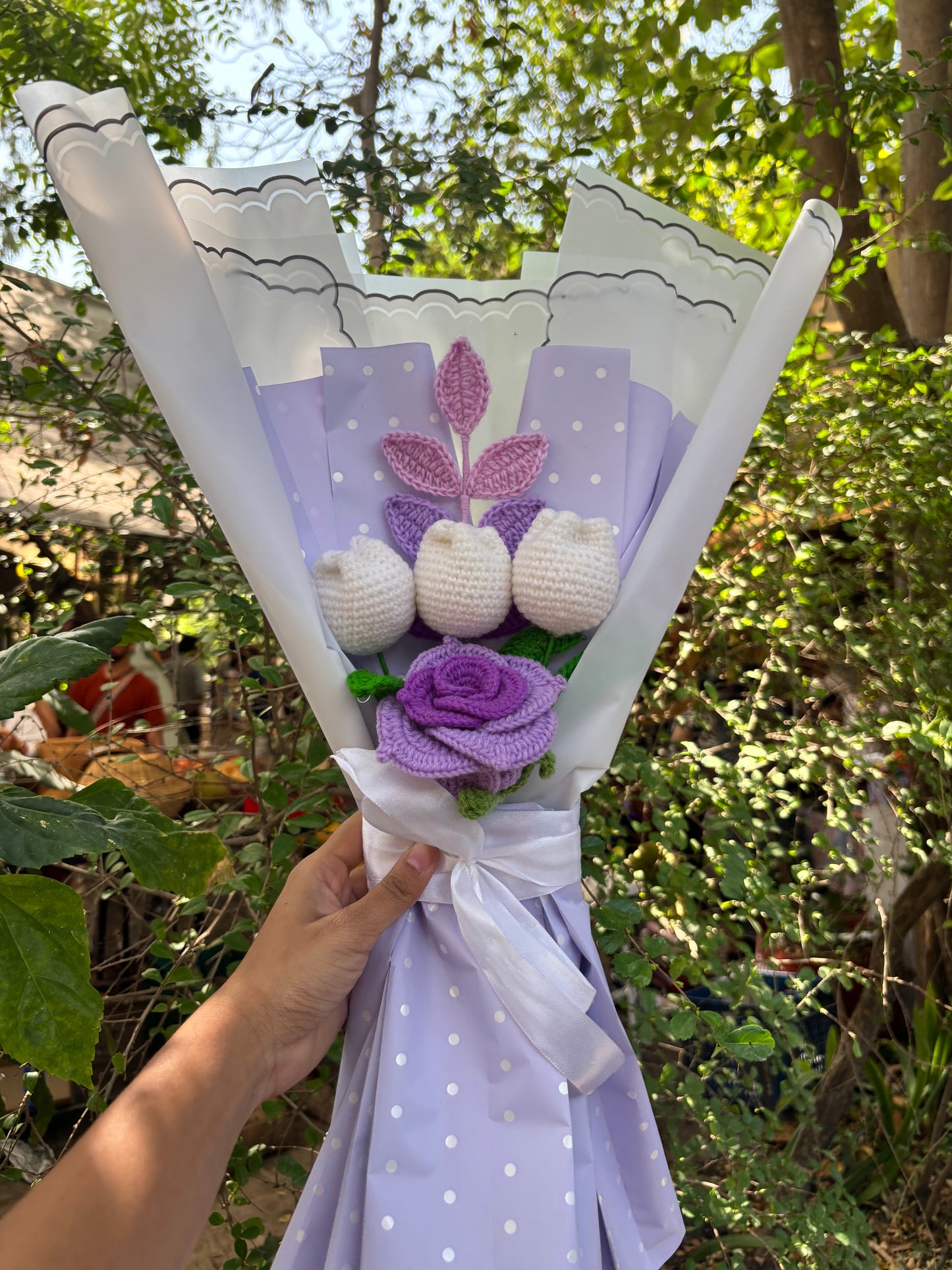 Crochet Flower Bouquet | Lavender Queen | Tulip, Multi shade Rose, Leaf