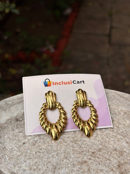 Golden Twisted Leaf Oval Anti-Tarnish Earrings