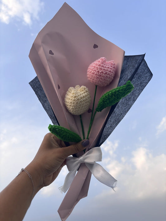 Crochet Bouquet | White Baby Pink Double Tulip