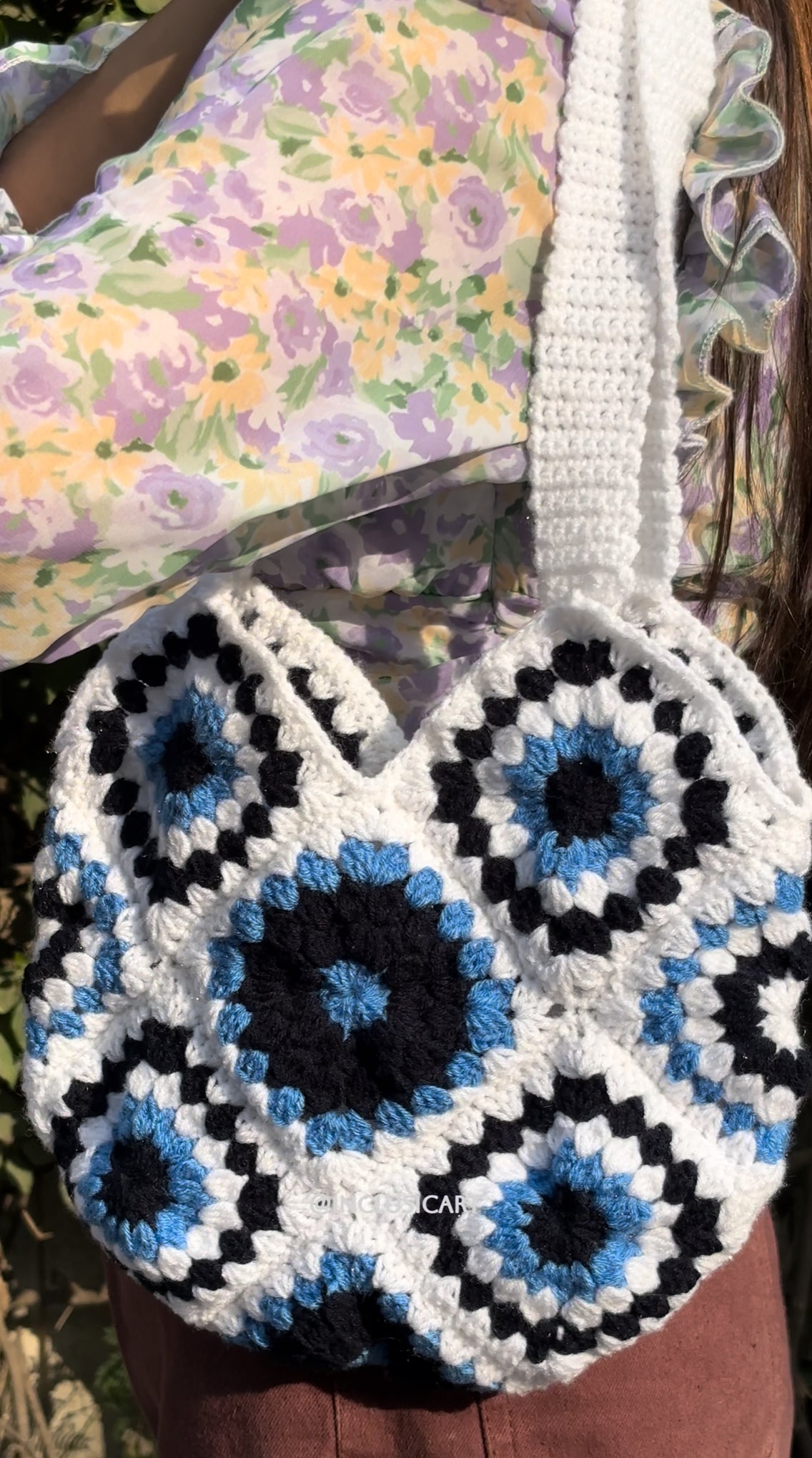 Crochet Tote Bag | White & Blue Handmade Crochet Tote Bag for Women