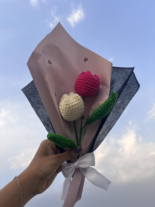 Crochet Bouquet | White Pink Double Tulip