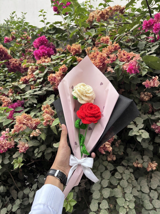 Crochet Bouquet | White Red Gulmohar Gulab