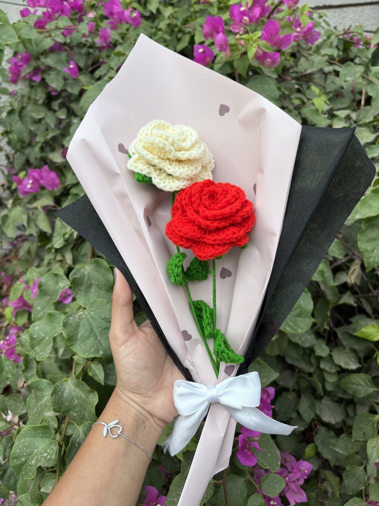 Crochet Bouquet | White Red Gulmohar Gulab