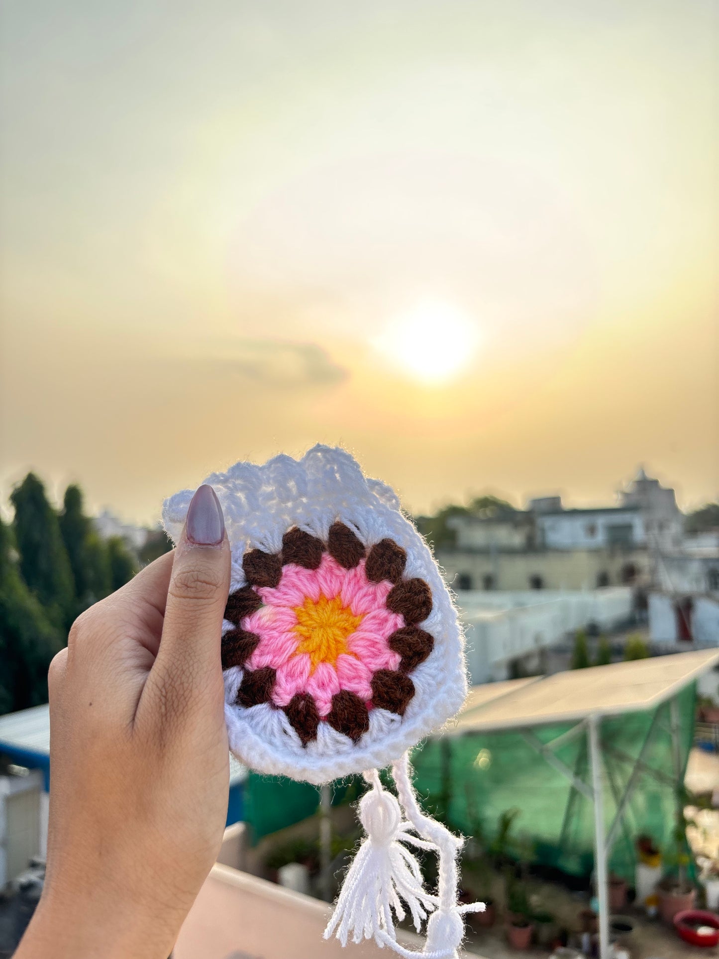 Crochet Potli Bag | White & Brown Daisy Handmade Potli Bag