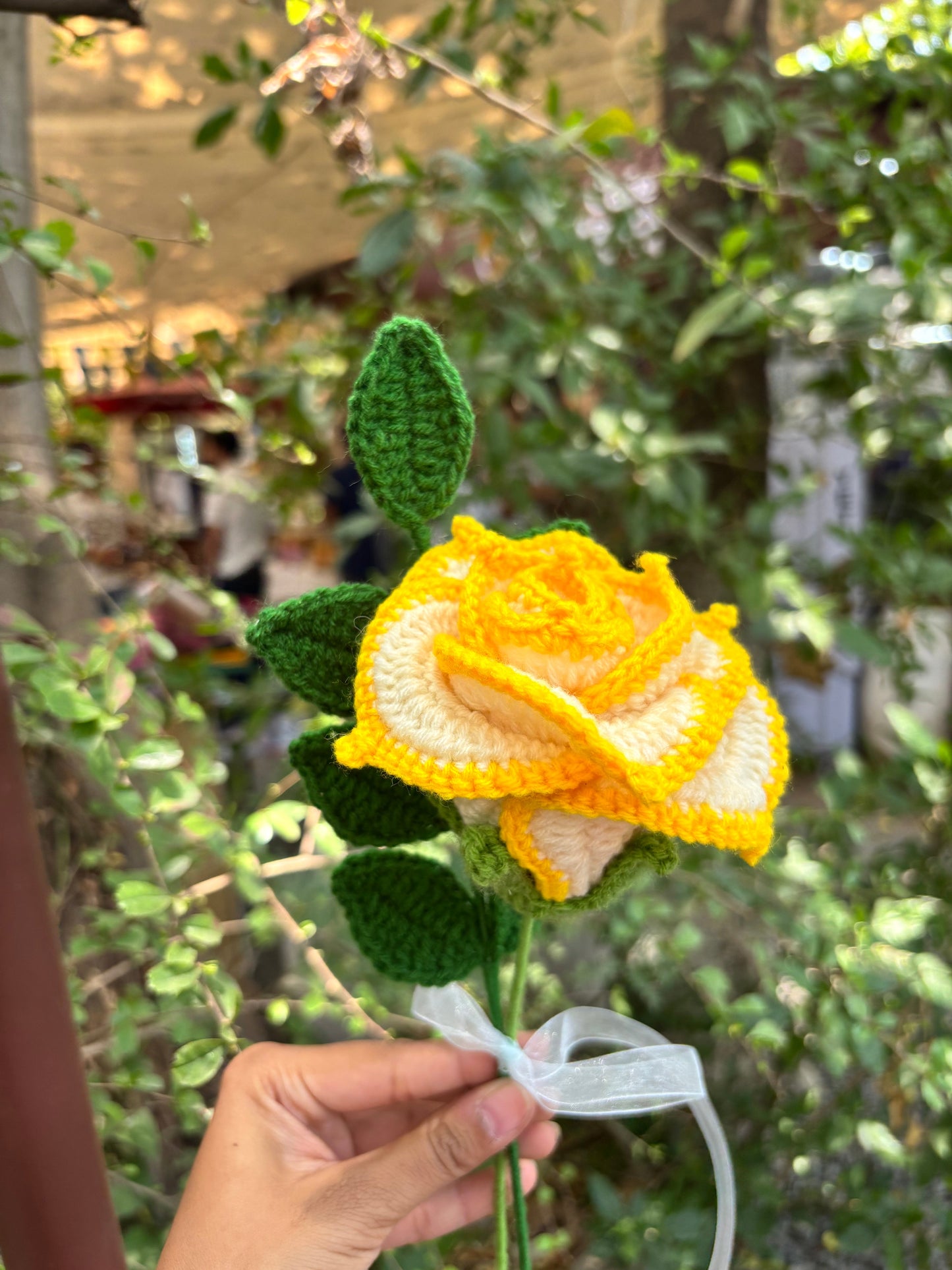 Crochet Flower Bouquet | Yellow Bordered Rose | Leaf Stick