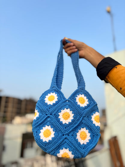 Crochet Tote Bag Blue | Yellow & White Daisy Handmade Crochet Tote Bag for Women