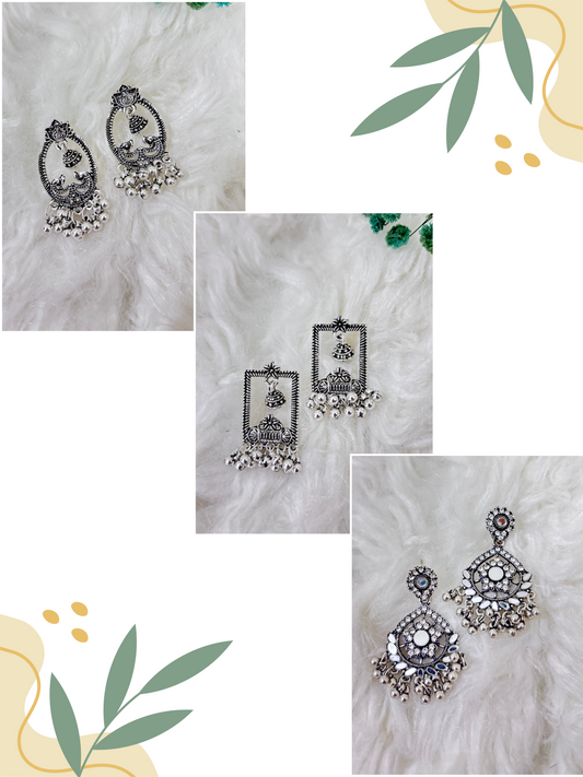 Trendy Silver | Square Vintage | Round Vintage | Oxidised Earrings | Combo