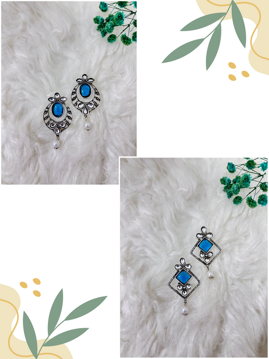 Silver Plated Round & Diamond Shape Oxidised Earring | Combo