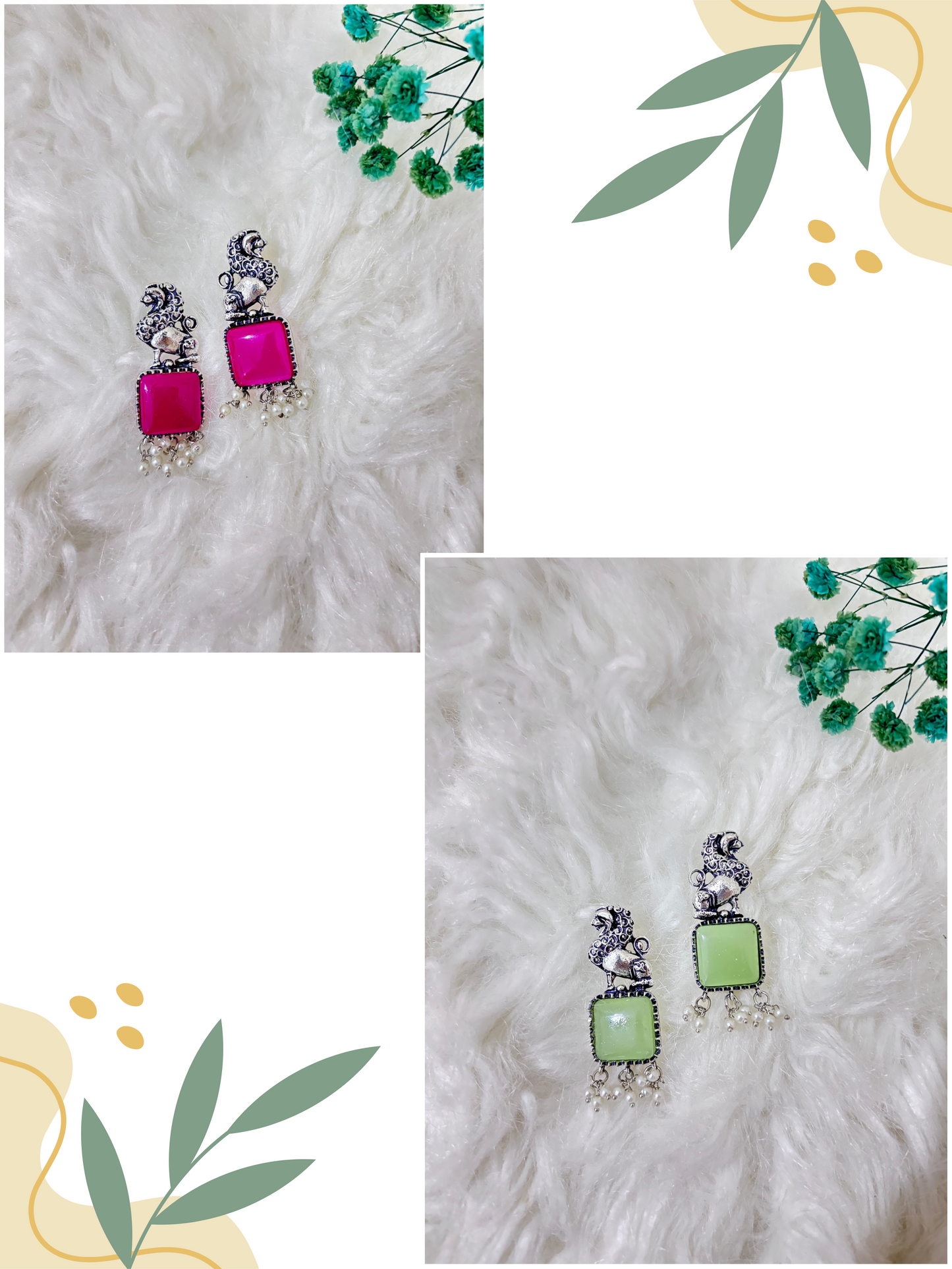 Royal Monalisa Pink + Green | Oxidised Earring | Combo