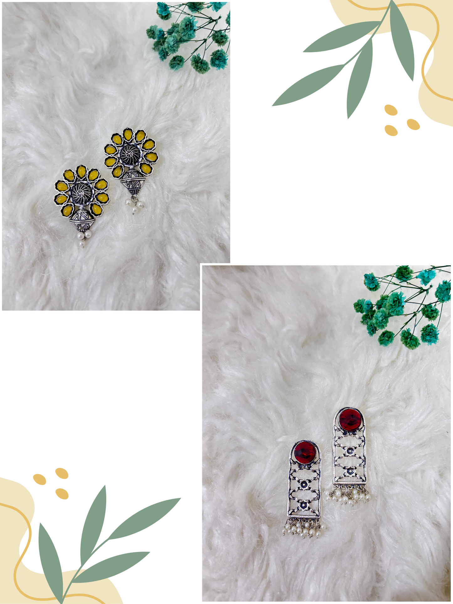 Red Stone Dangler | Yellow Ruby Charm | Oxidised Earrings | Combo